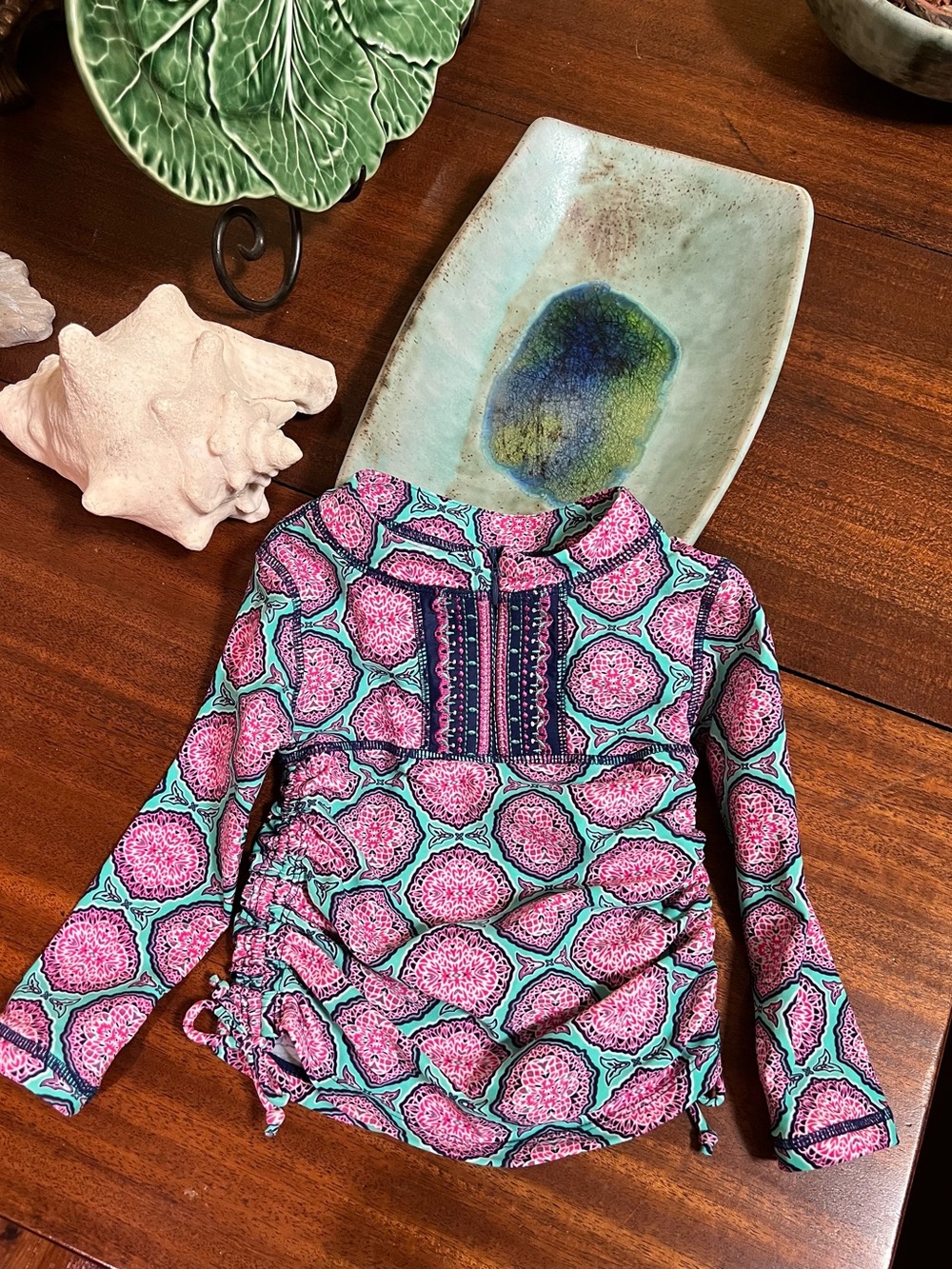 Cabana Life girls sz 12-18m zip front Swimsuit Rashguard Pink & aqua